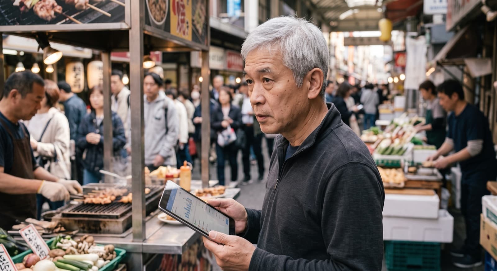 David checking a tablet near one of the food stalls he oversees