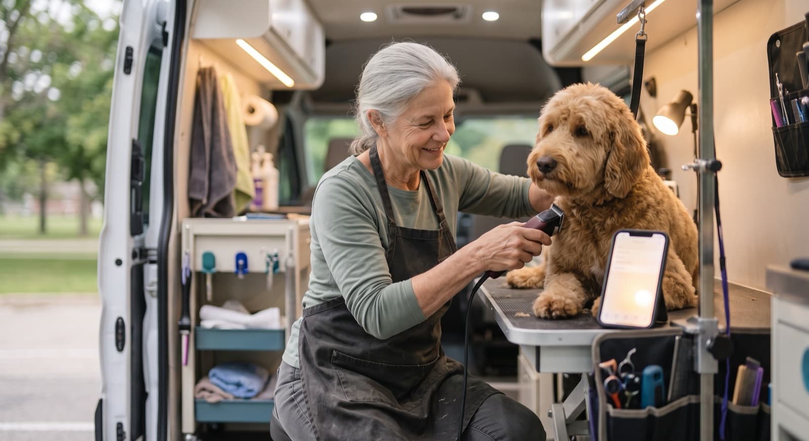 Grace grooming a dog inside her mobile grooming van