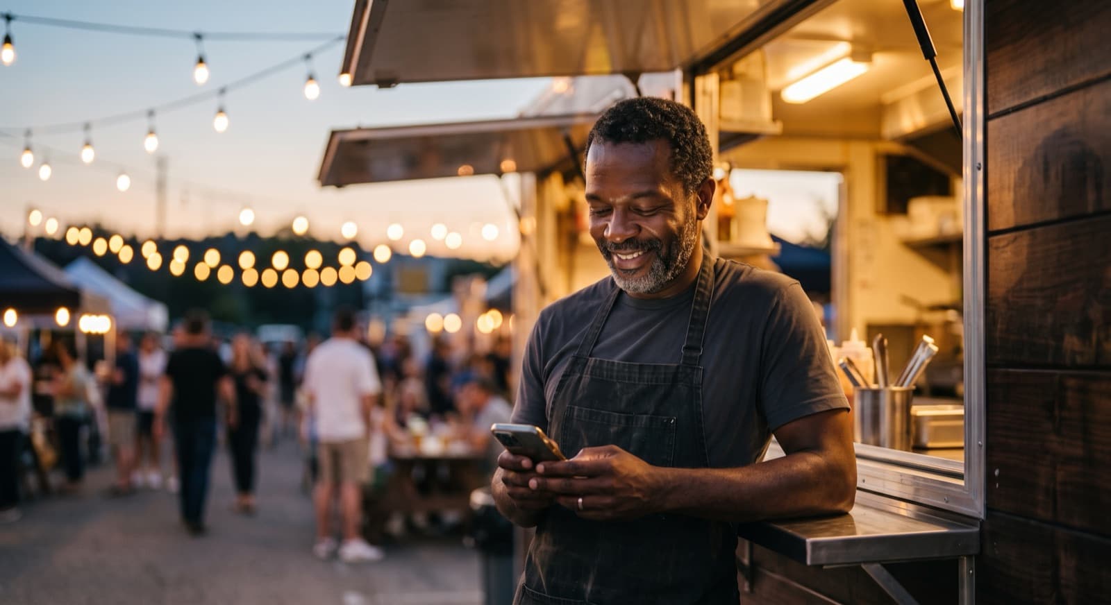 Marcus, a food truck owner, checking his phone at dusk outside his truck