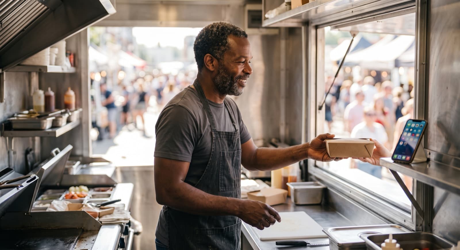 Marcus handing a to-go container out of his food truck service window