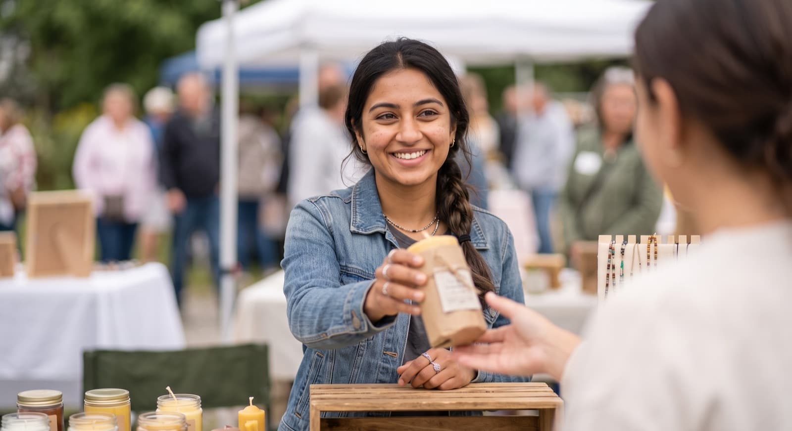 Priya handing a wrapped candle to a customer at her market stall